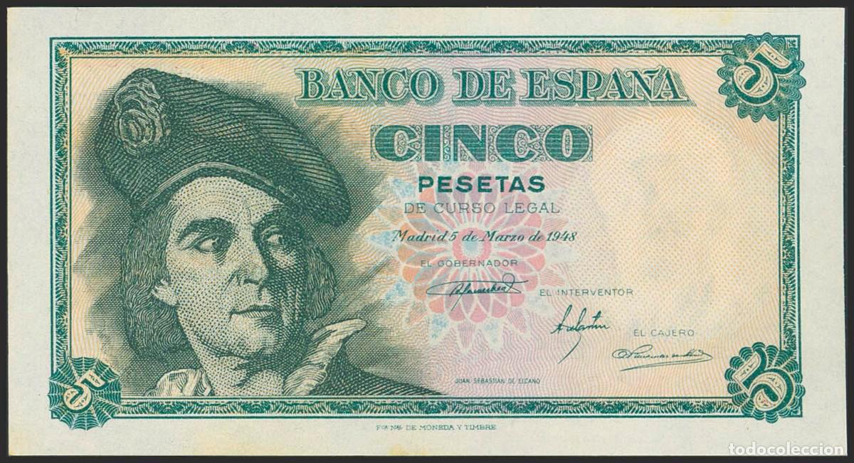Notas espanholas: 5 Pesetas. 5 de Marzo de 1948. Serie A. (Edifil 2023: 455a). Apresto original, tonalizado. SC-.. 5 P