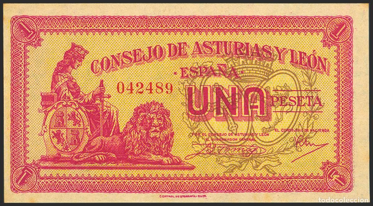 Notas espanholas: 1 Peseta. 1937. Asturias y Le&oacute;n. Sin serie. (Edifil 2023: 397). Apresto original, habituales puntito