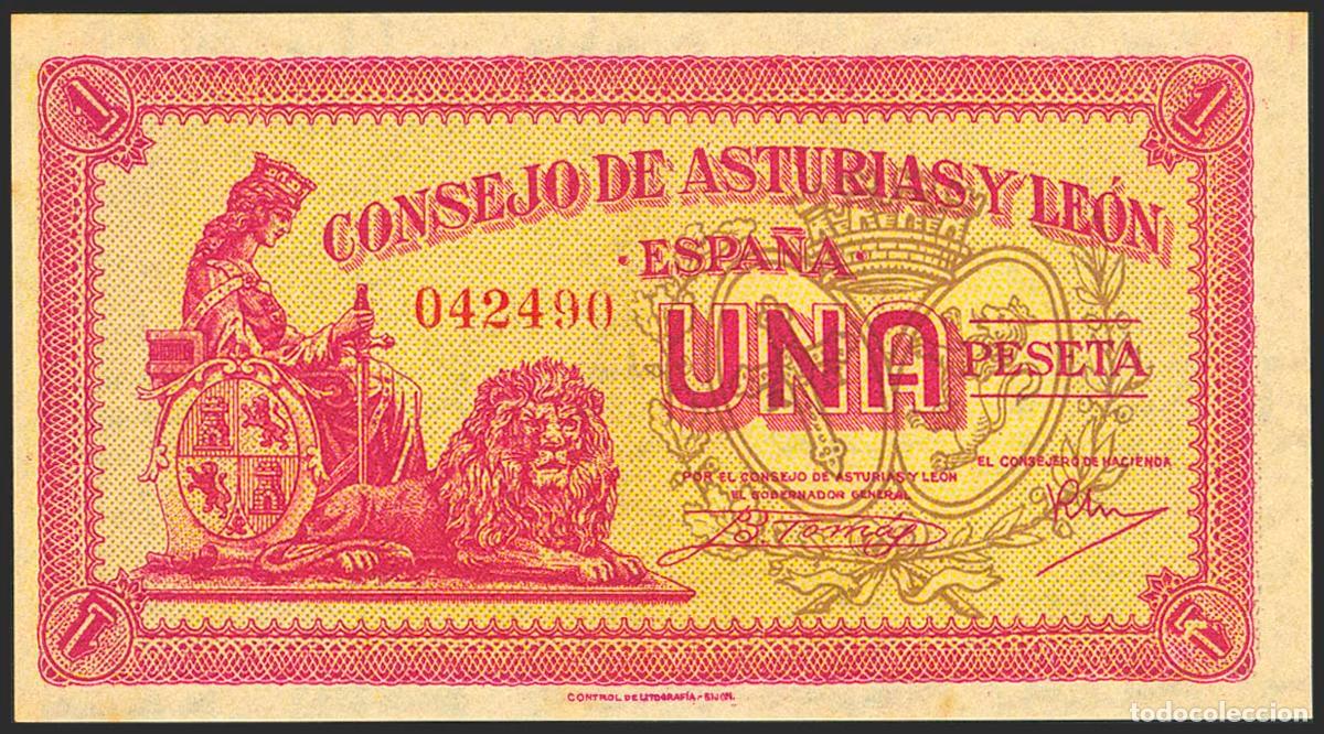 Spanish Banknotes: 1 Peseta. 1937. Asturias y Le&oacute;n. Sin serie. (Edifil 2023: 397). Apresto original, habituales puntito