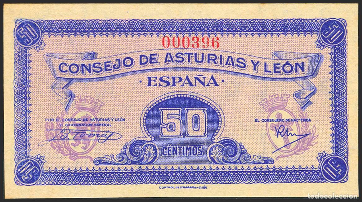 Spanish Banknotes: 50 C&eacute;ntimos. 1937. Asturias y Le&oacute;n. Sin serie y numeraci&oacute;n baja (N&ordm;000396). (Edifil 2023: 396). Muy