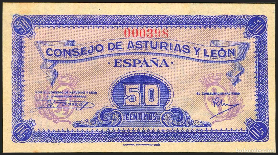 Spanish Banknotes: 50 C&eacute;ntimos. 1937. Asturias y Le&oacute;n. Sin serie y numeraci&oacute;n baja (N&ordm;000398). (Edifil 2023: 396). Muy