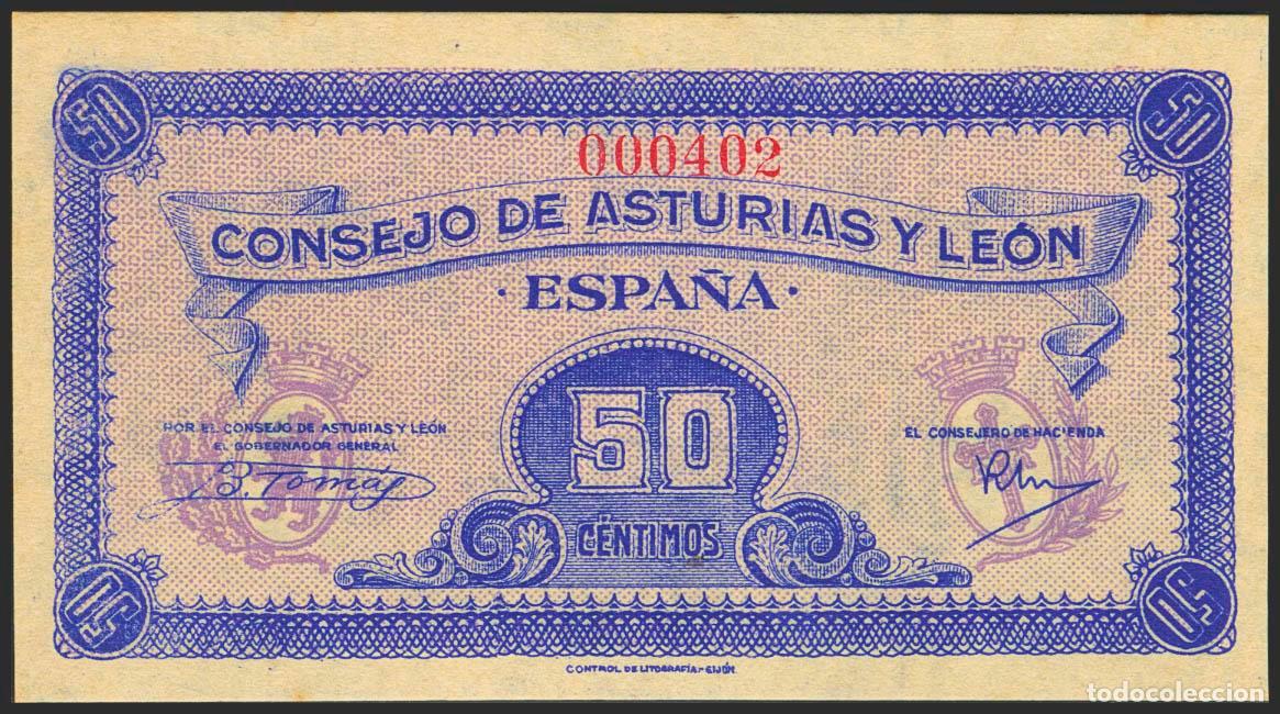 Spanish Banknotes: 50 C&eacute;ntimos. 1937. Asturias y Le&oacute;n. Sin serie y numeraci&oacute;n baja (N&ordm;000402). (Edifil 2023: 396). Muy