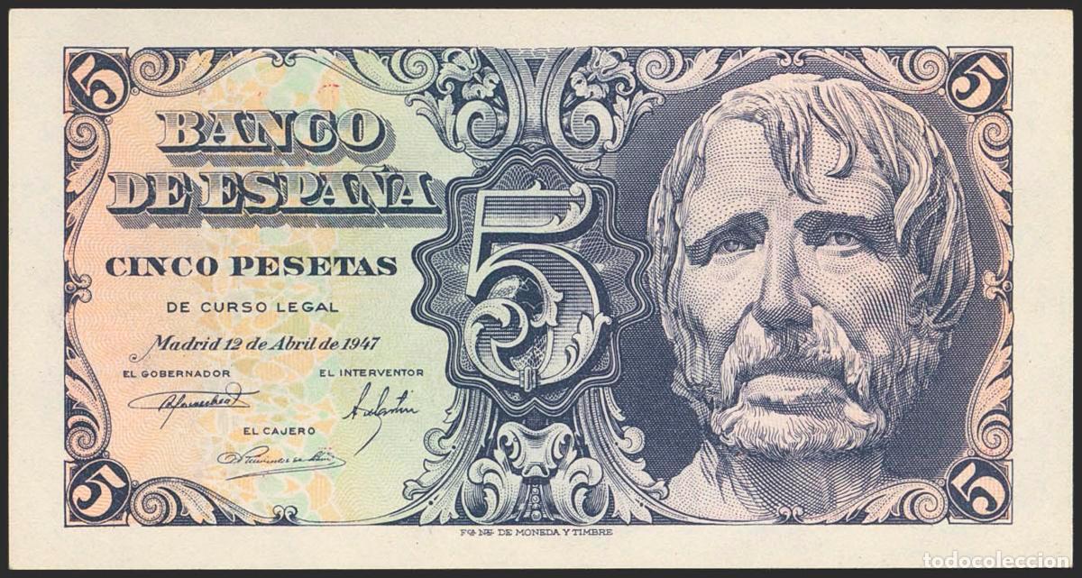 Spanish Banknotes: 5 Pesetas. 12 de Abril de 1947. Serie B. (Edifil 2023: 454a). Conserva parte del apresto original. S