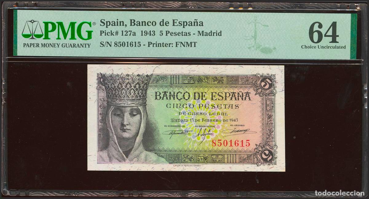 Spanish Banknotes: 5 Pesetas. 13 de Febrero de 1943. Sin serie. (Edifil 2023: 446, Pick: 127a). Inusual en esta calidad