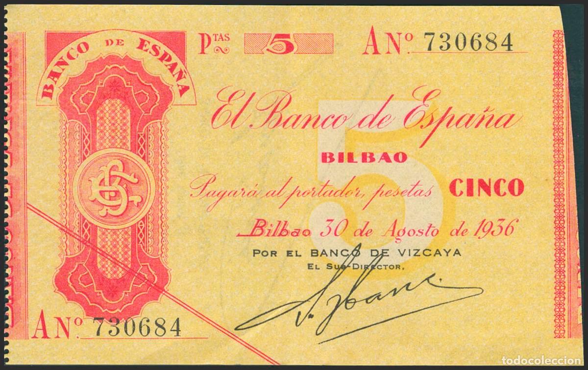 Spanish Banknotes: 5 Pesetas. 30 de Agosto de 1936. Sucursal de Bilbao, antefirma del Banco de Vizcaya. Serie A. (Edifi