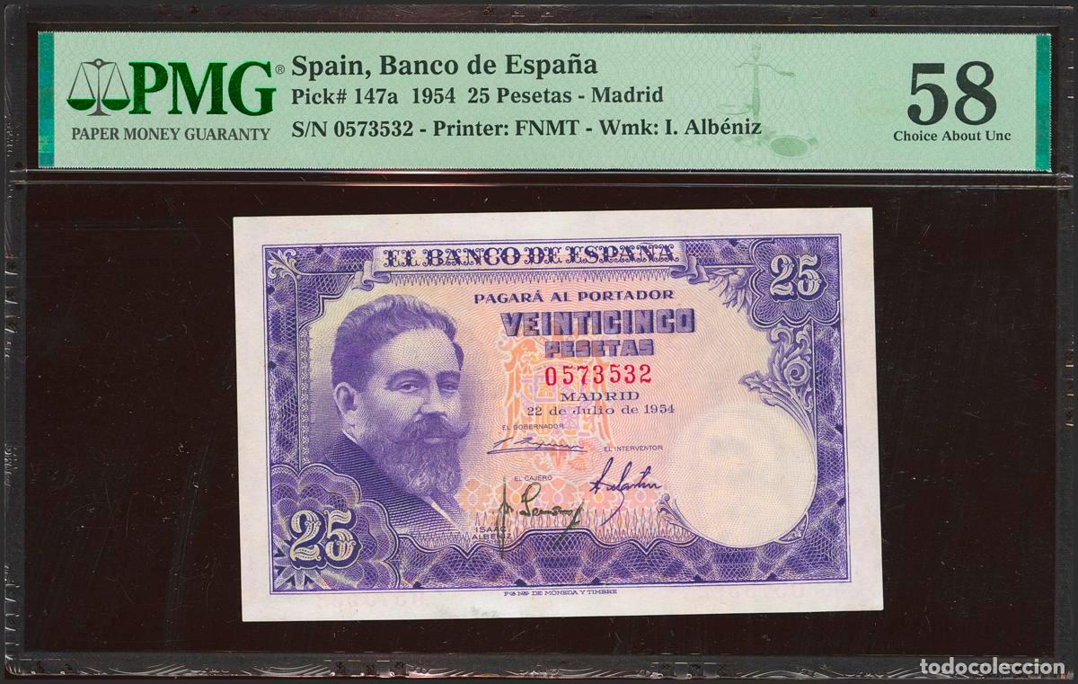 Spanish Banknotes: 25 Pesetas. 22 de Julio de 1953. Sin serie. (Edifil 2021: 467, Pick: 147a). EBC++. Encapsulado PMG58