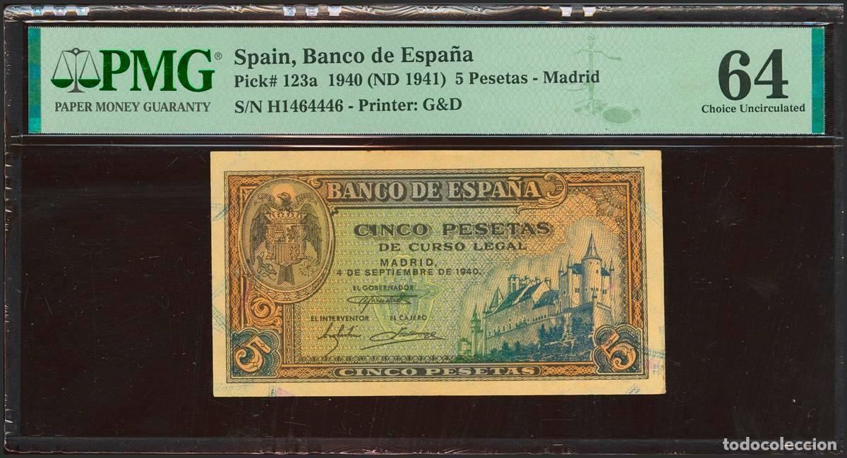 Spanish Banknotes: 5 Pesetas. 4 de Septiembre de 1940. Serie H. (Edifil 2021: 443a, Pick: 123a). SC. Encapsulado PMG64.