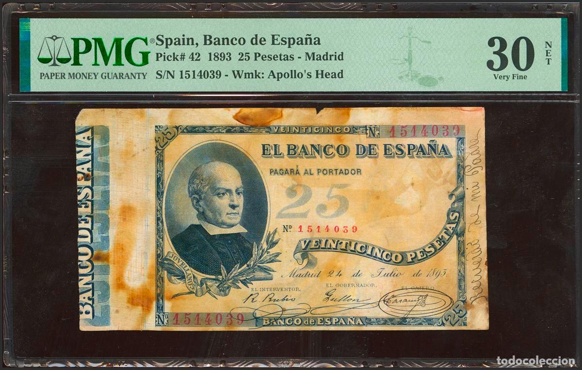 Spanish Banknotes: 25 Pesetas. 24 de Julio de 1893. (Edifil 2023: 300). Inusual, en el reverso sello de cambio de loter