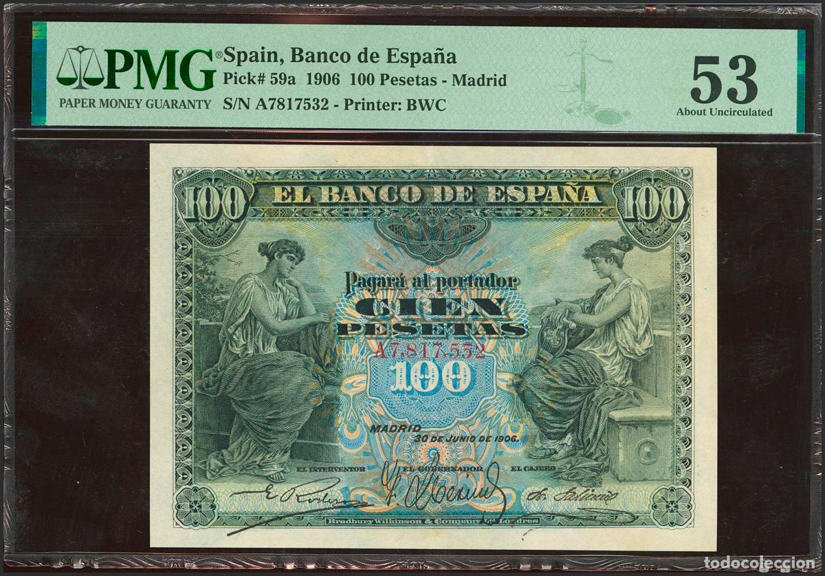 Spanish Banknotes: 100 Pesetas. 30 de Junio de 1906. Serie A. (Edifil 2023: 313a, Pick: 59a). Raro en esta calidad. EBC