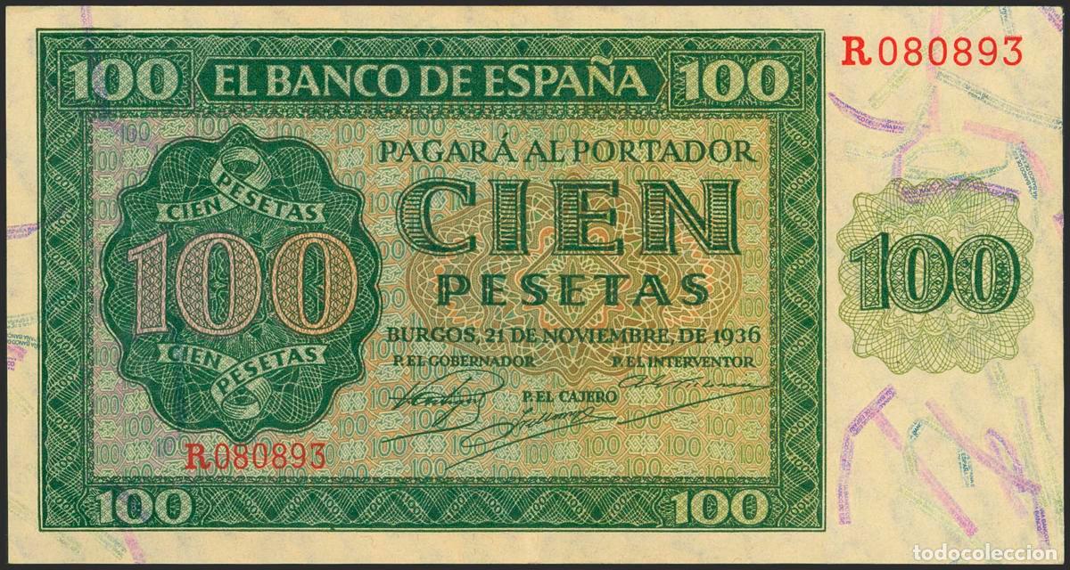 Spanish Banknotes: 100 Pesetas. 21 de Noviembre de 1936. Serie R. (Edifil 2023: 421a). Conserva gran parte de su aprest