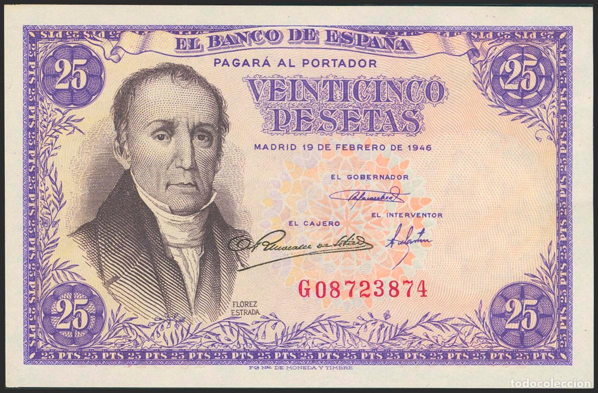 Spanish Banknotes: 25 Pesetas. 19 de Febrero de 1946. Serie G. (Edifil 2023: 450a). Apresto original. SC--.. 25 Pesetas