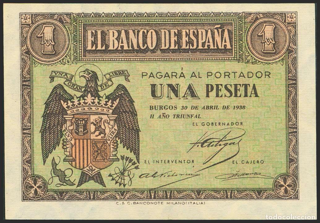 Notas espanholas: 1 Peseta. 30 de Abril de 1938. Serie H. (Edifil 2023: 428a). Apresto original. SC.. 1 Peseta. 30 de