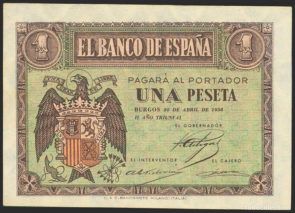 Notas espanholas: 1 Peseta. 30 de Abril de 1938. Serie D. (Edifil 2023: 428a). Apresto original. SC.. 1 Peseta. 30 de
