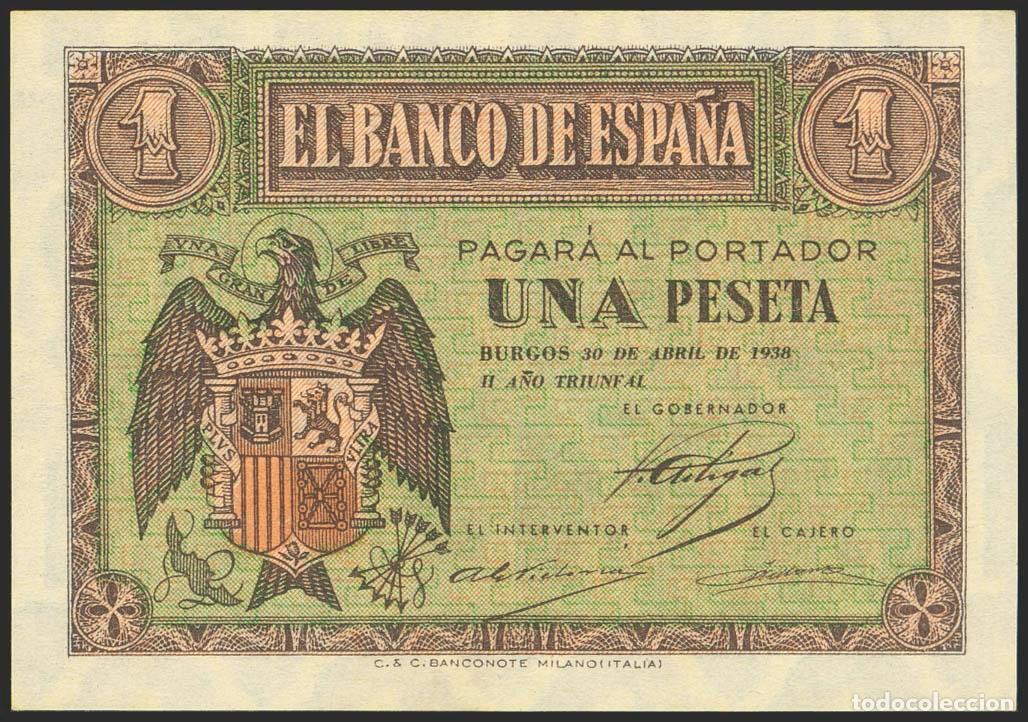 Notas espanholas: 1 Peseta. 30 de Abril de 1938. Serie F. (Edifil 2023: 428a). Apresto original. SC.. 1 Peseta. 30 de