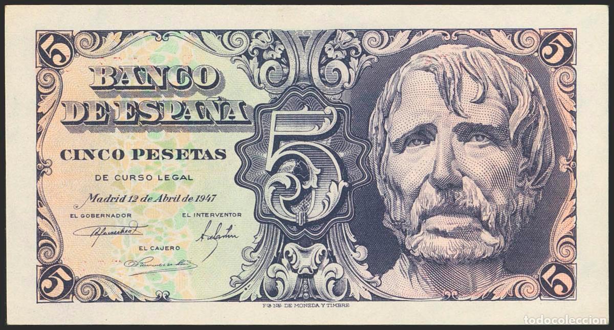 Notas espanholas: 5 Pesetas. 12 de Abril de 1947. Serie B. (Edifil 2023: 454a). Apresto original. SC.. 5 Pesetas. 12 d
