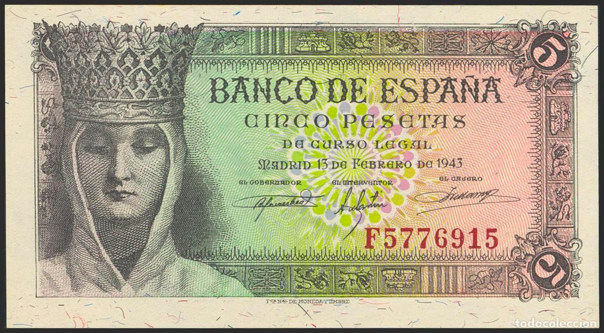 Notas espanholas: 5 Pesetas. 13 de Febrero de 1943. Serie F. (Edifil 2023: 446a). Apresto original. SC.. 5 Pesetas. 13