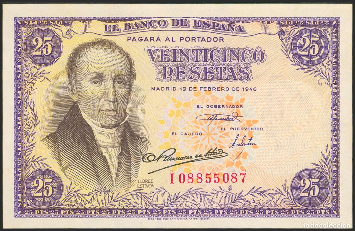 Notas espanholas: 25 Pesetas. 19 de Febrero de 1946. Serie I. (Edifil 2023: 450a). Apresto original. SC.. 25 Pesetas.