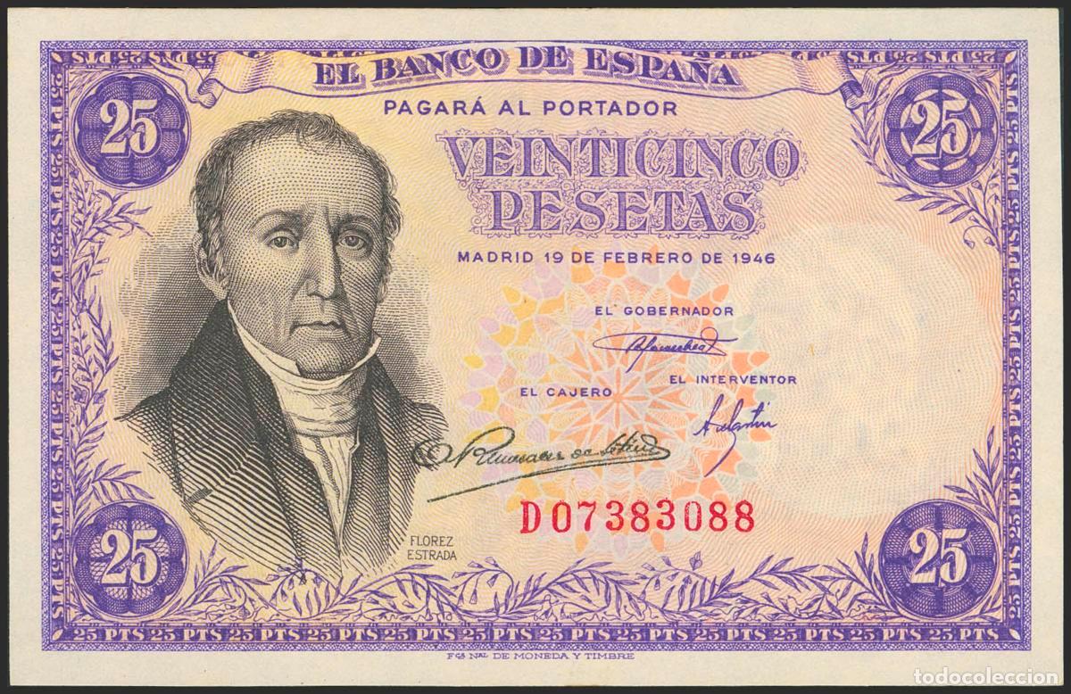 Notas espanholas: 25 Pesetas. 19 de Febrero de 1946. Serie D. (Edifil 2023: 450a). Apresto original. SC.. 25 Pesetas.
