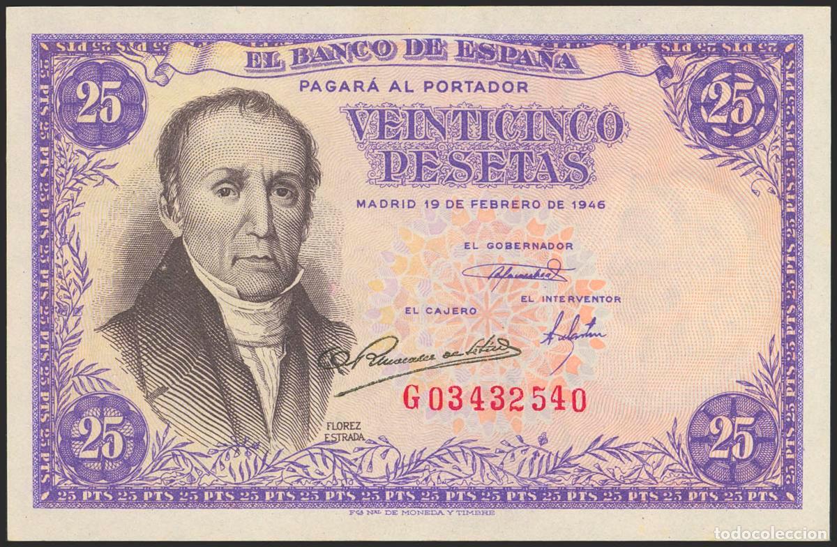 Notas espanholas: 25 Pesetas. 19 de Febrero de 1946. Serie G. (Edifil 2023: 450a). Apresto original. SC.. 25 Pesetas.