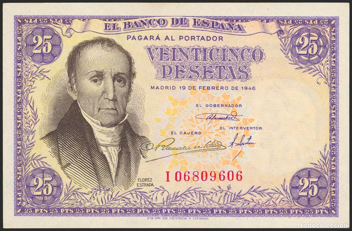Notas espanholas: 25 Pesetas. 19 de Febrero de 1946. Serie I. (Edifil 2023: 450a). Apresto original. SC.. 25 Pesetas.