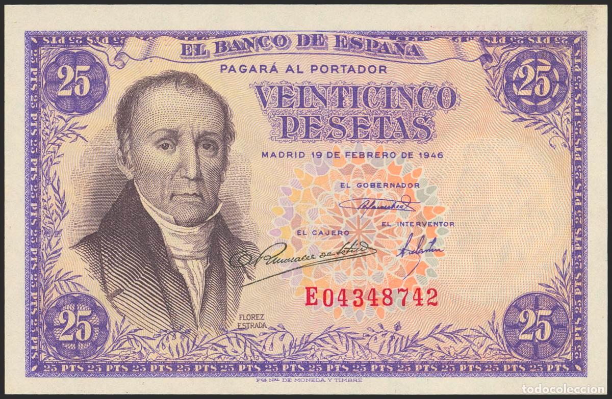 Notas espanholas: 25 Pesetas. 19 de Febrero de 1946. Serie E. (Edifil 2023: 450a). Apresto original. SC.. 25 Pesetas.