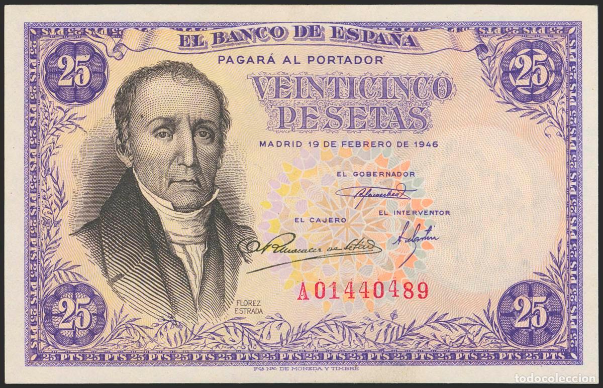 Billets espagnols: 25 Pesetas. 19 de Febrero de 1946. Serie A. (Edifil 2023: 450a). Apresto original. SC-.. 25 Pesetas.