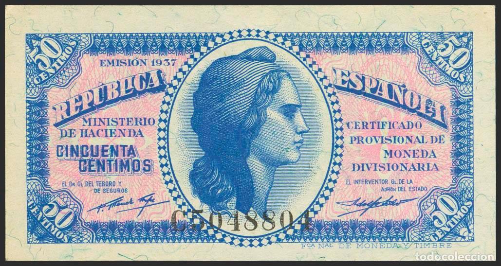Billets espagnols: 50 C&eacute;ntimos. 1937. Serie C, &uacute;ltima serie emitida. (Edifil 2023: 391a). Apresto original. SC.. 50 C&eacute;n