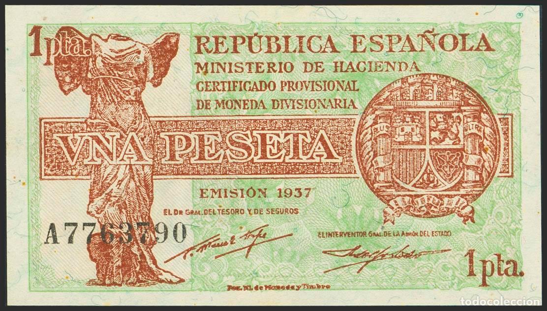 Banconote spagnole: 1 Peseta. 1937. Ministerio de Hacienda. Serie A. (Edifil 2023: 392). Apresto original, t&iacute;picos punti