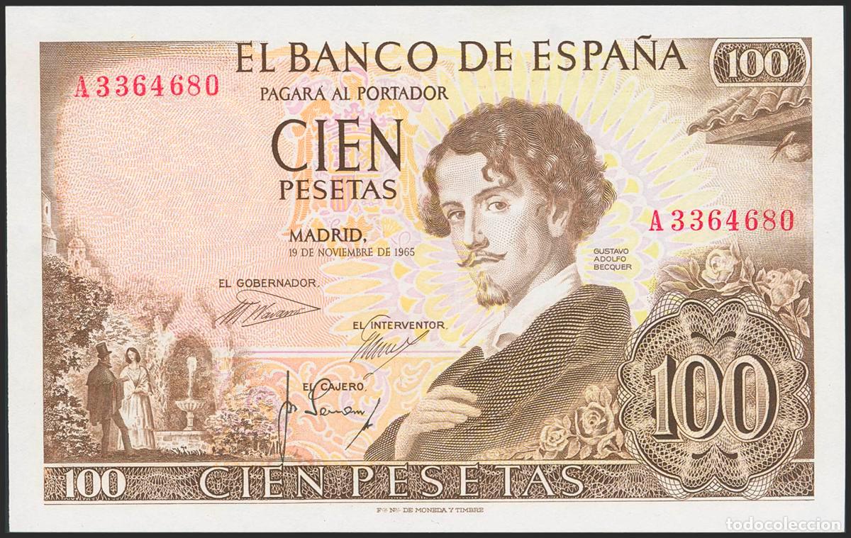 Banconote spagnole: 100 Pesetas. 19 de Noviembre de 1965. Serie A. (Edifil 2023: 470a). Apresto original. SC.. 100 Peset