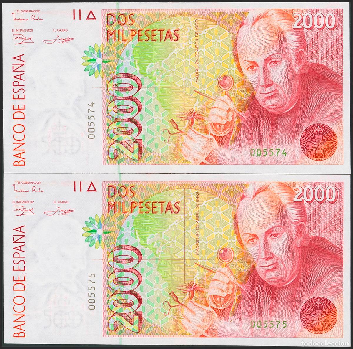 Banconote spagnole: 2000 Pesetas. 24 de Abril de 1992. Pareja correlativa. Sin serie y numeraci&oacute;n muy baja. (Edifil 2023