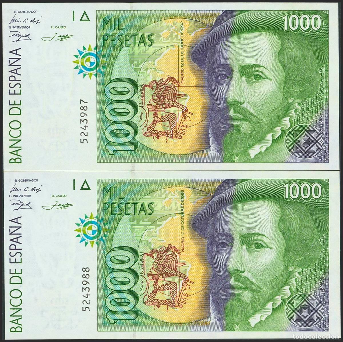 Banconote spagnole: 1000 Pesetas. 12 de Octubre de 1992. Pareja correlativa. Sin serie. (Edifil 2023: 483). SC.. 1000 Pe