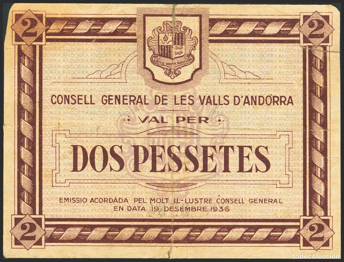 Banconote spagnole: ANDORRA. 2 Pessetes. 19 de Diciembre de 1936. Sin serie. (Edifil 2023: 5). Raro. MBC-.. ANDORRA. 2 P