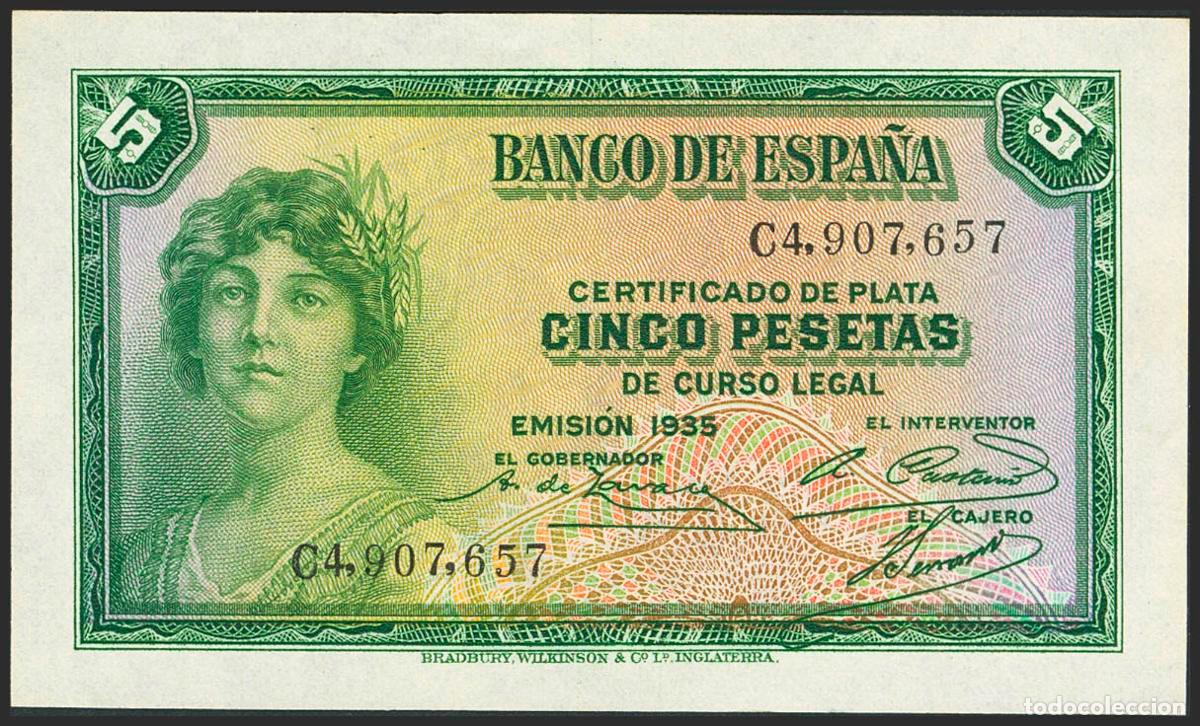 Banconote spagnole: 5 Pesetas. 1935. Certificado de Plata. Serie C. (Edifil 2023: 363a). Apresto original. SC.. 5 Peseta