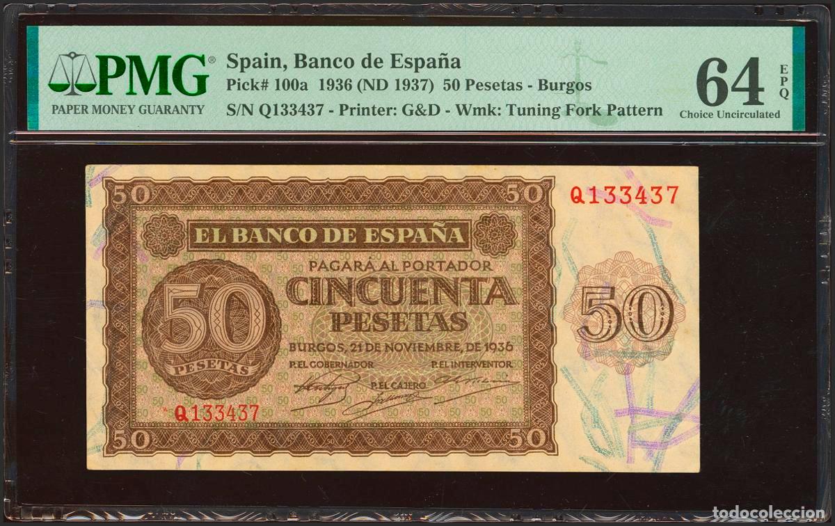 Billetes espa&ntilde;oles: 50 Pesetas. 21 de Noviembre de 1936. Serie Q. (Edifil 2023: 420a, Pick: 100). Apresto original, inus