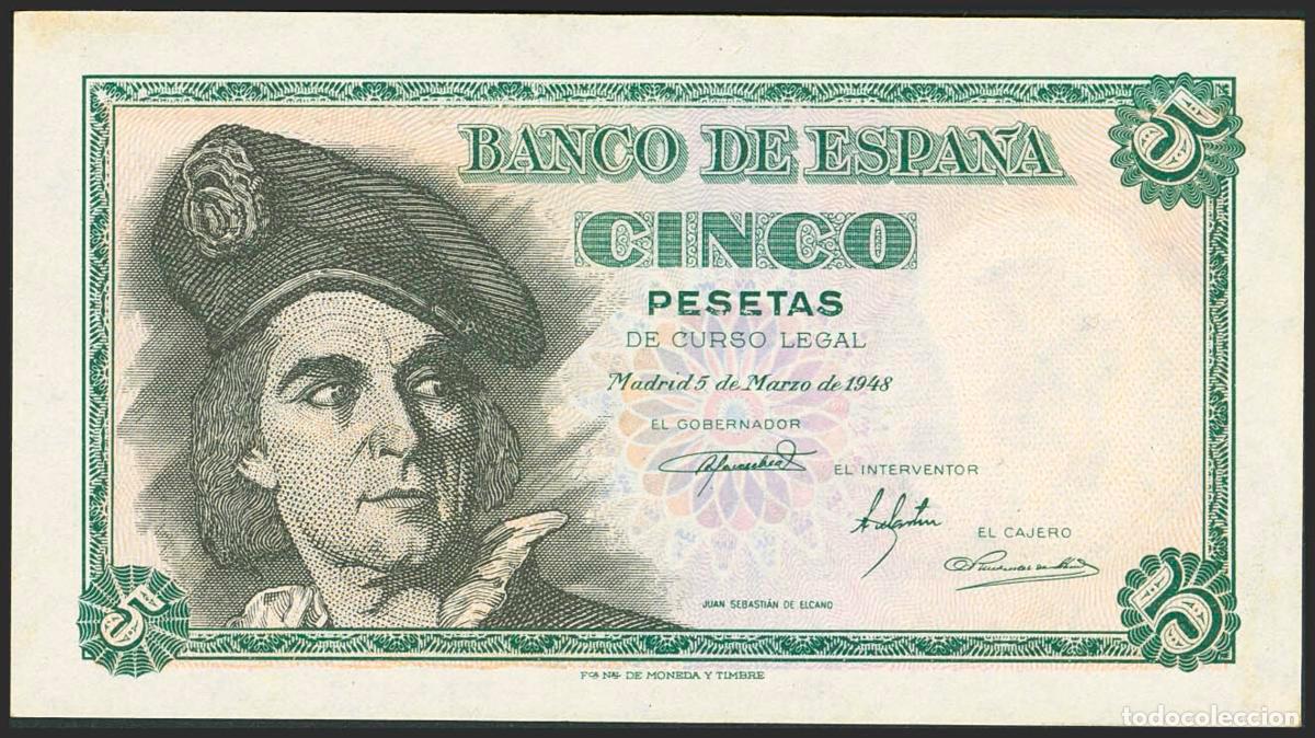Billetes espa&ntilde;oles: 5 Pesetas. 15 de Marzo de 1948. Serie I. (Edifil 2023: 455a). M&iacute;nimas manchitas del tiempo, apresto