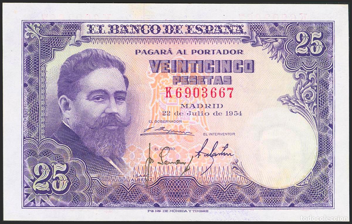 Banconote spagnole: 25 Pesetas. 22 de Julio de 1954. Serie K. (Edifil 2023: 467a). Apresto original. EBC++.. 25 Pesetas.
