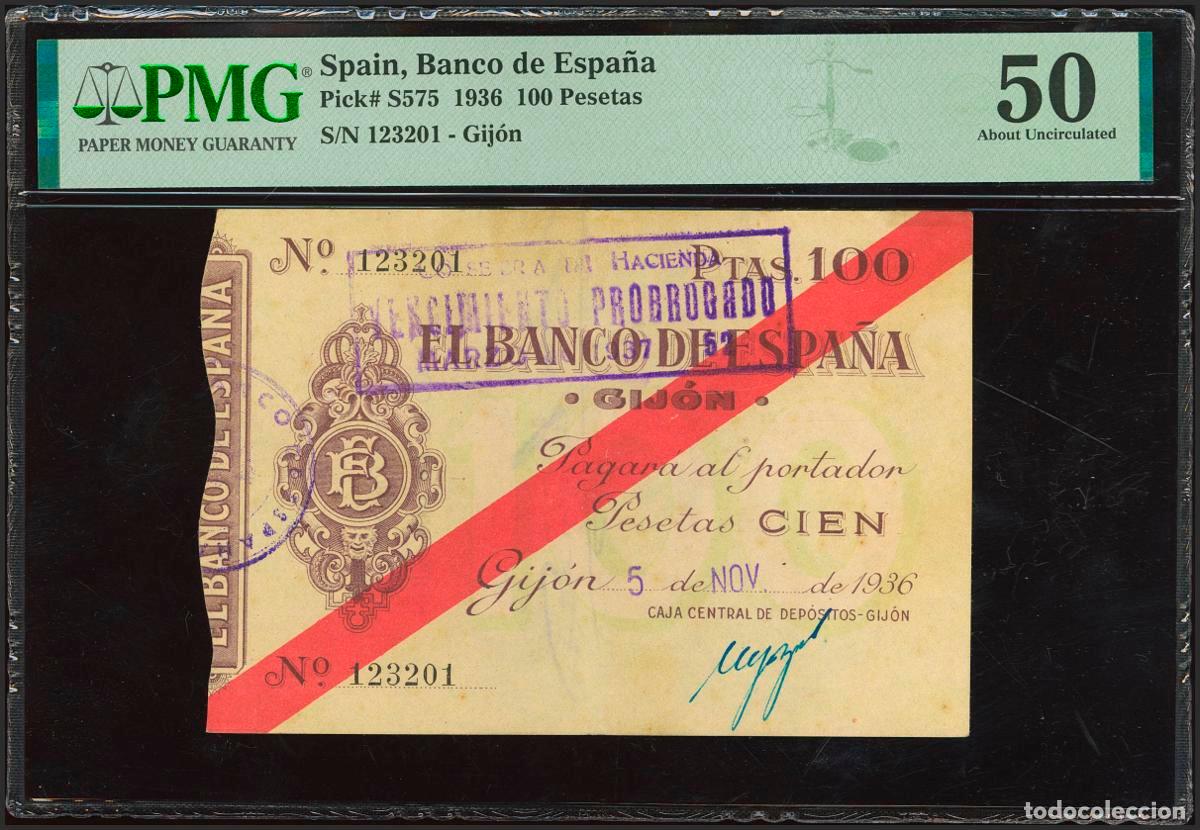 Banconote spagnole: 100 Pesetas. 5 de Noviembre de 1936. Sucursal de Banco de Gij&oacute;n. Sin serie. (Edifil 2023: 384, Pick: