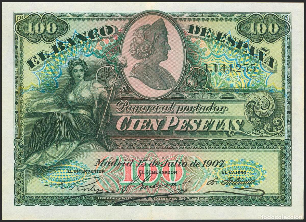 Banconote spagnole: 100 Pesetas. 15 de Julio de 1907. Sin serie. (Edifil 2023: 320). Conserva parte de su apresto origin