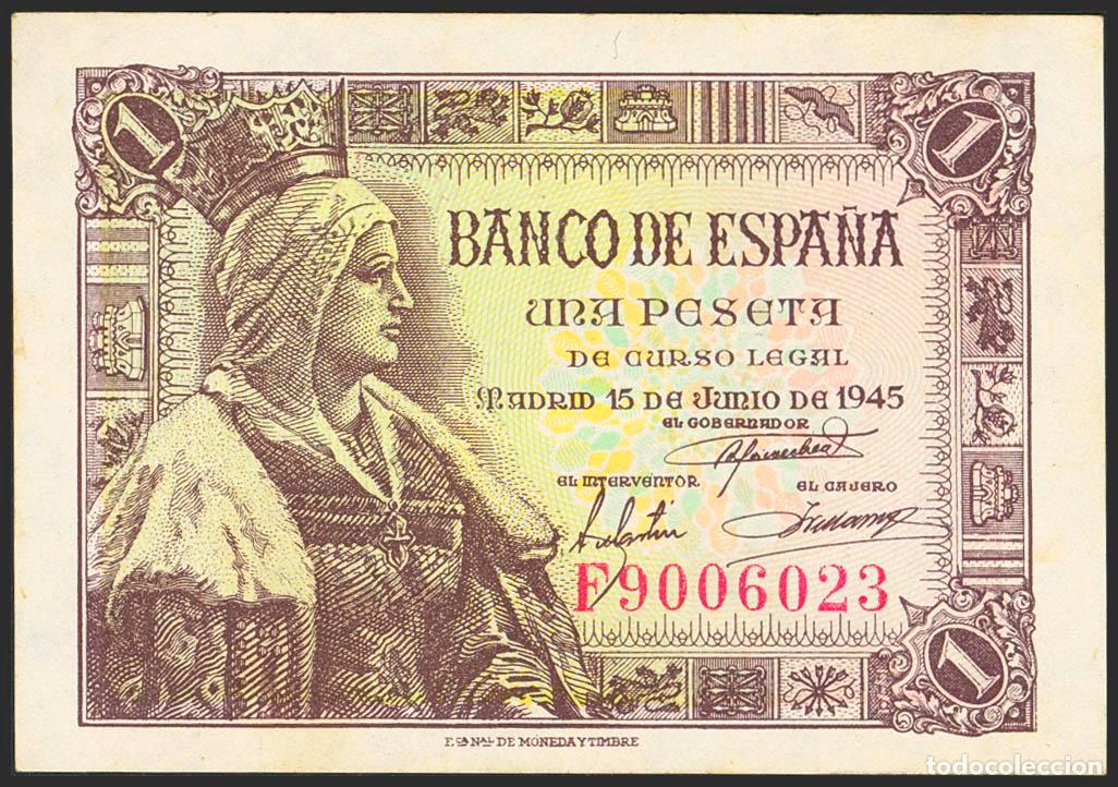 Banconote spagnole: 1 Peseta. 15 de Junio de 1945. Serie F. (Edifil 2023: 448a). Conserva gran parte del apresto origina