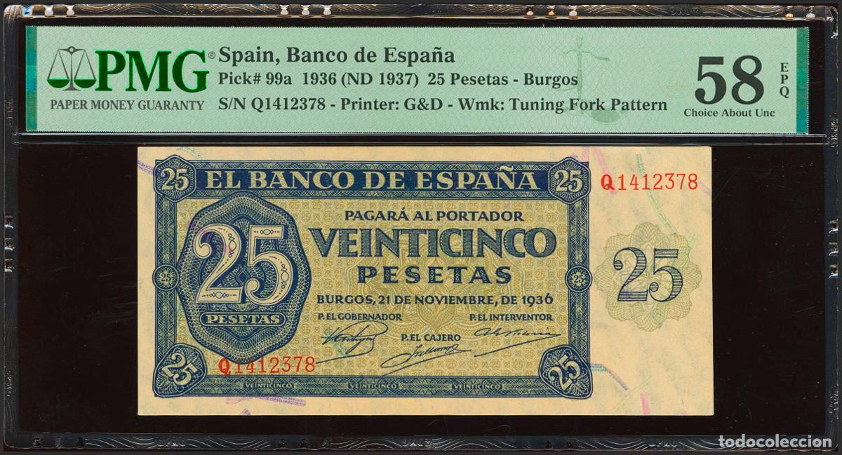 Banconote spagnole: 25 Pesetas. 21 de Noviembre de 1936. Serie Q. (Edifil 2023: 419a, Pick: 99a). Apresto original. EBC+