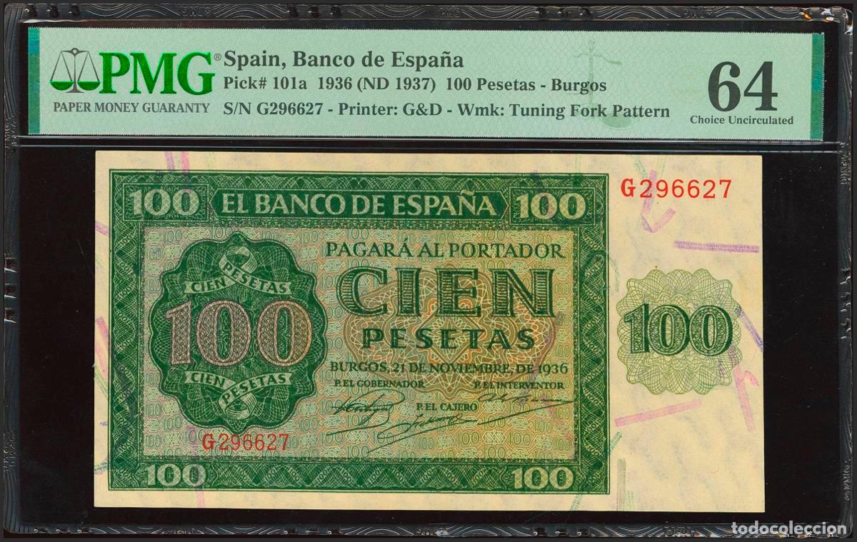 Banconote spagnole: 100 Pesetas. 21 de Noviembre de 1936. Serie G. (Edifil 2023: 421a, Pick: 101a). SC. Encapsulado PMG6