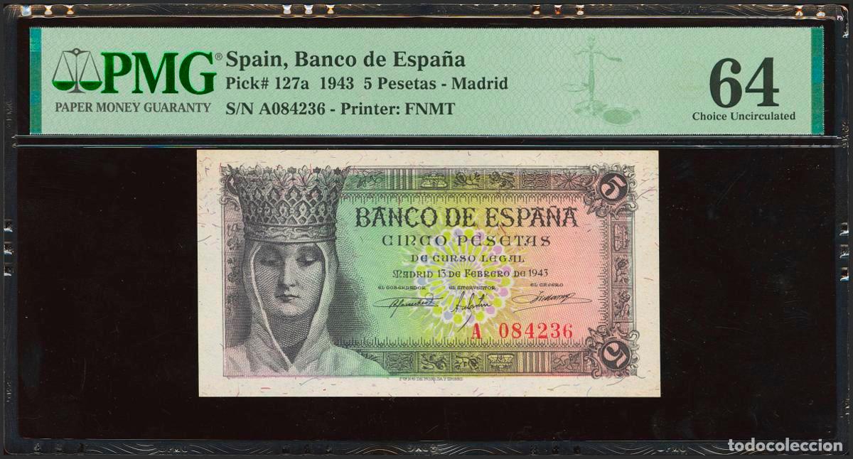 Banconote spagnole: 5 Pesetas. 13 de Febrero de 1943. Serie A. (Edifil 2023: 446a, Pick: 127a). SC. Encapsulado PMG64..
