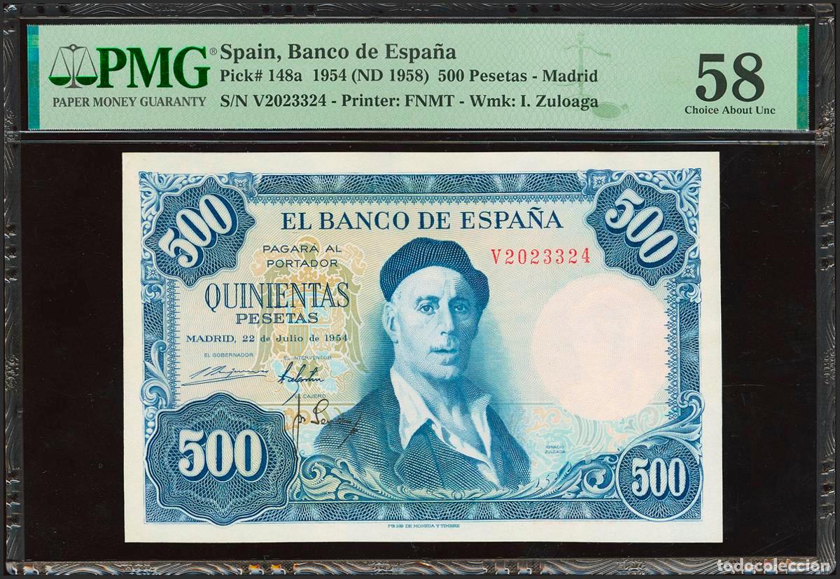 Banconote spagnole: 500 Pesetas. 22 de Julio de 1954. Serie V, &uacute;ltima serie emitida. (Edifil 2023: 468c, Pick: 148a). In