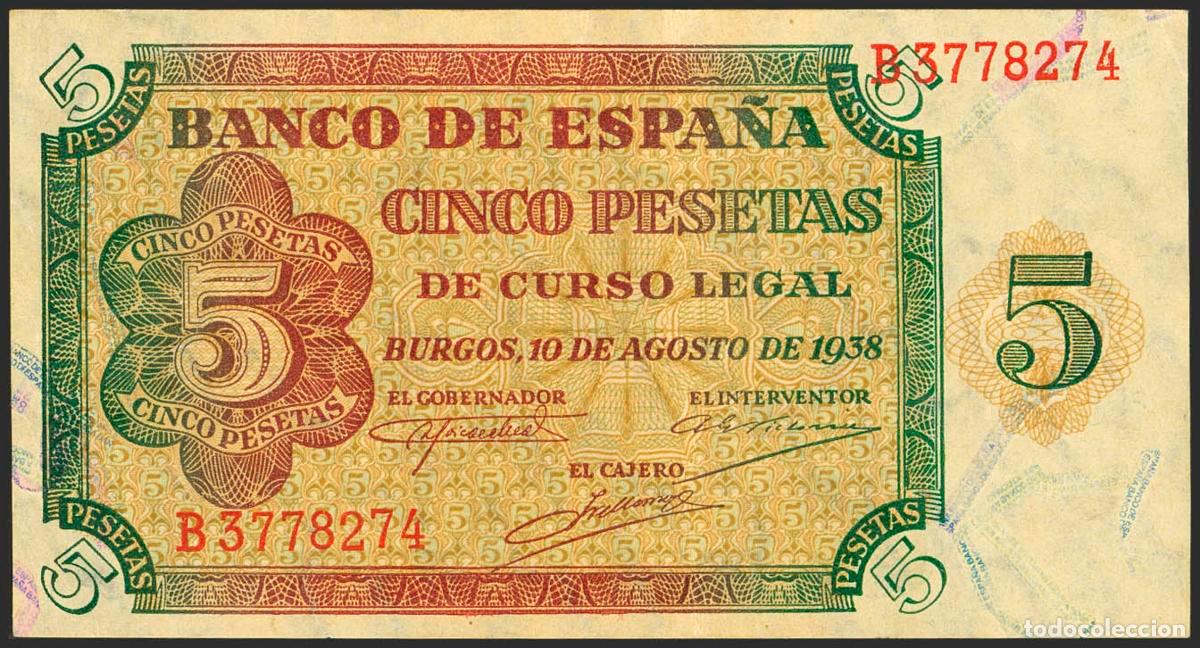 Banconote spagnole: 5 Pesetas. 10 de Agosto de 1938. Serie B. (Edifil 2023: 435a). Apresto original. EBC+++.. 5 Pesetas.