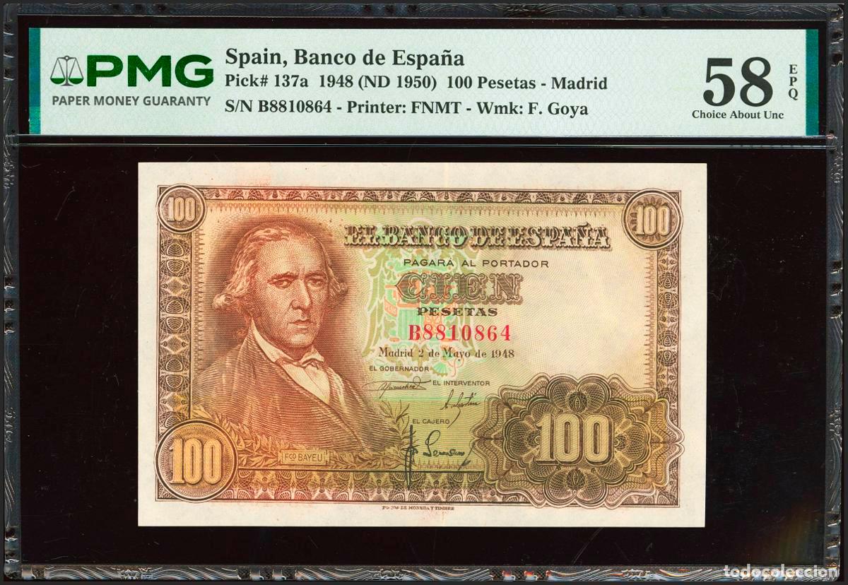 Banconote spagnole: 100 Pesetas. 2 de Mayo de 1948. Serie B. (Edifil 2023: 456a, Pick: 137a). EBC+++. Encapsulado PMG58E