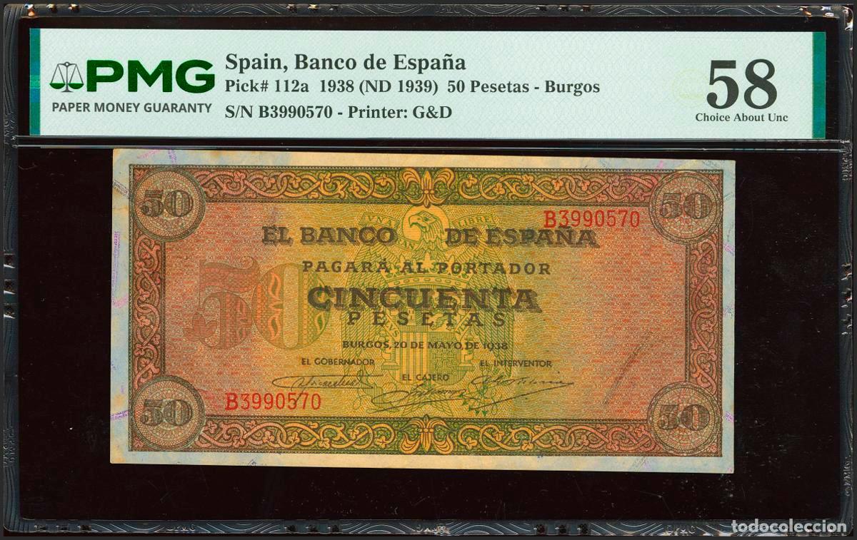 Banconote spagnole: 50 Pesetas. 20 de Mayo de 1938. Serie B. (Edifil 2023: 431a, Pick: 112a). EBC++. Encapsulado PMG58 (
