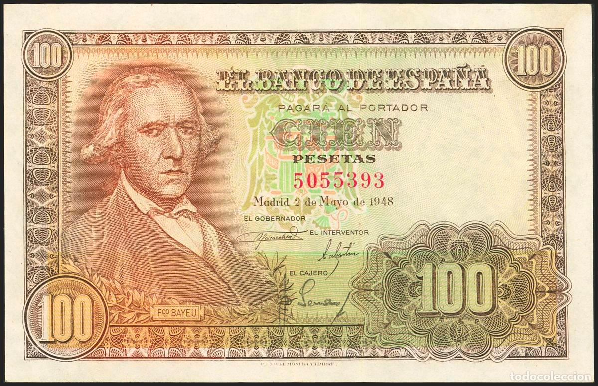 Banconote spagnole: 100 Pesetas. 2 de Mayo de 1948. Sin serie. (Edifil 2023: 456). Conserva parte del apresto original.