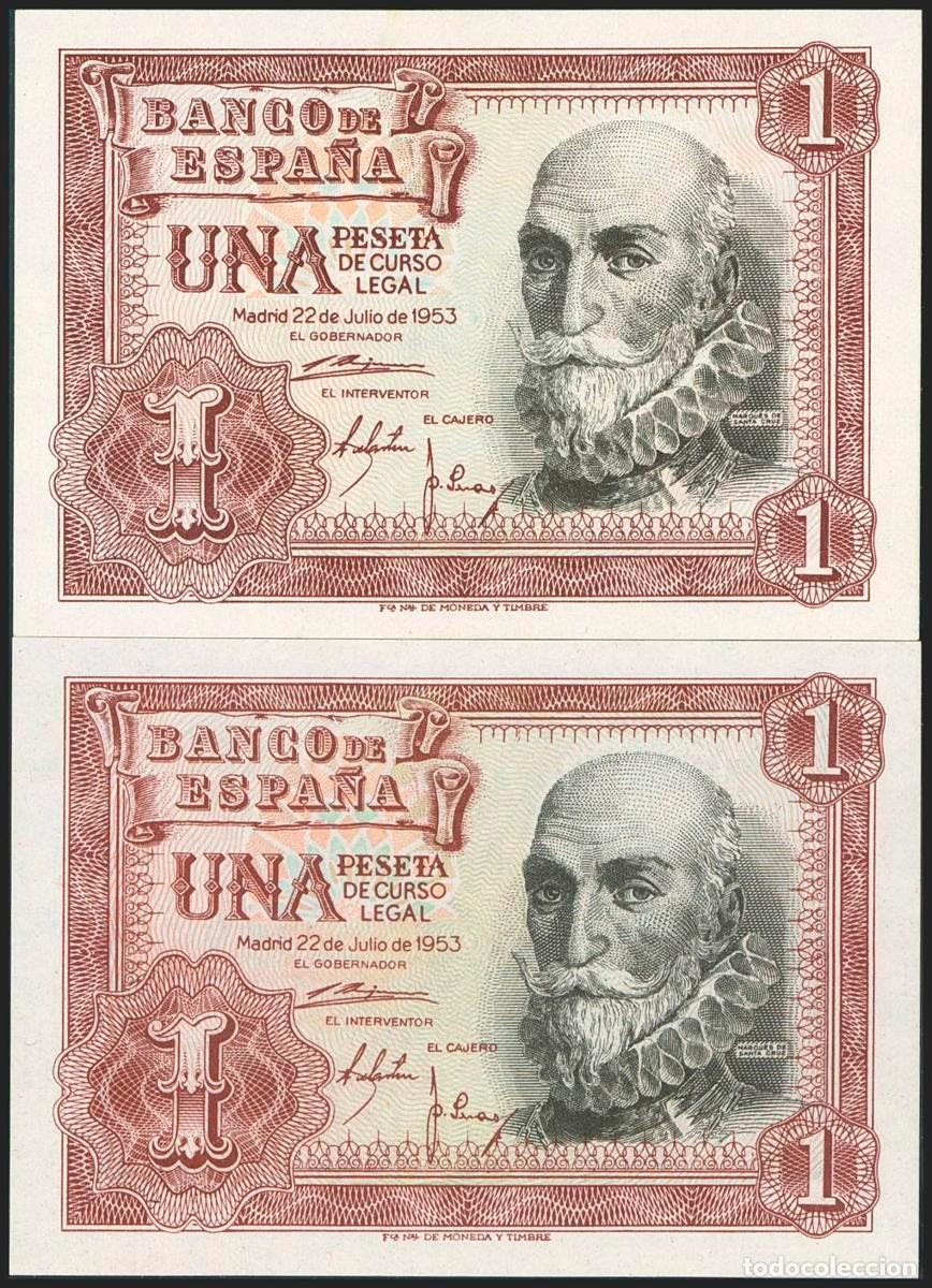Banconote spagnole: 1 Peseta. 22 de Julio de 1953. Series A y S. (Edifil 2023: 465a). Apresto original. SC.. 1 Peseta. 2
