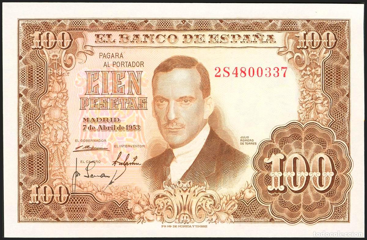 Banconote spagnole: 100 Pesetas. 7 de Abril de 1953. Serie 2S. (Edifil 2023: 464c). Apresto original. SC.. 100 Pesetas.