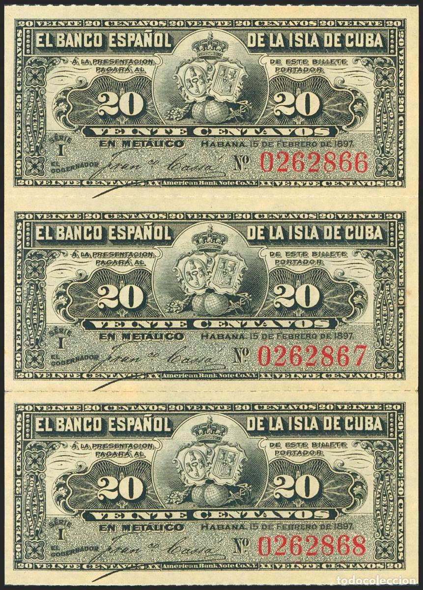 Billetes espa&ntilde;oles: BANCO ESPA&Ntilde;OL DE LA ISLA DE CUBA. Conjunto de 3 billetes correlativos de 20 Centavos (sin desprender